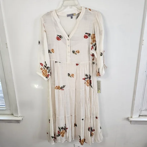 NWT Figueroe & Flower Floral Beige 3/4 Sleeve Embroidered Tier  Dress Size Large - Picture 2 of 11